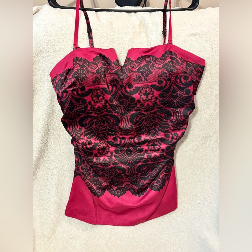 Le Chateau Satin Convertible Tank or Sleeveless Lace Pattern Top